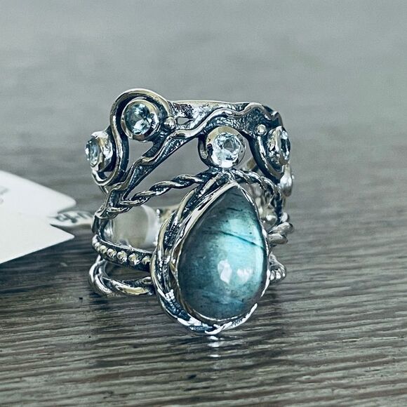 Labradorite Sterling Silver 925 Teardrop Jewel Crystal Ring - Picture 3 of 7